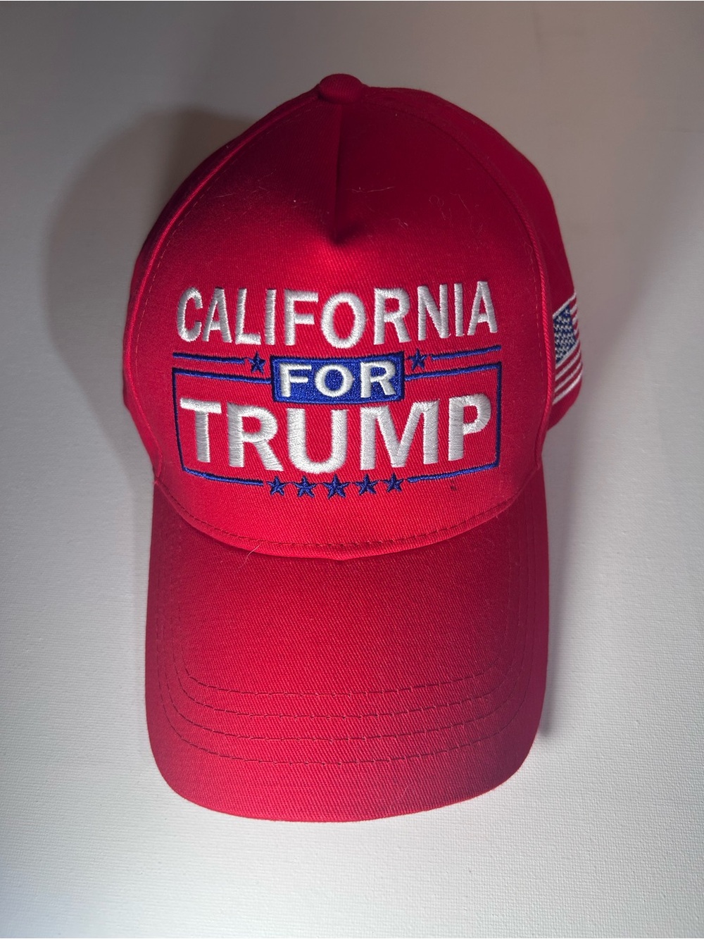 California for Trump Red Baseball Hat w/ USA Back, 45 Side & US Flag Patch